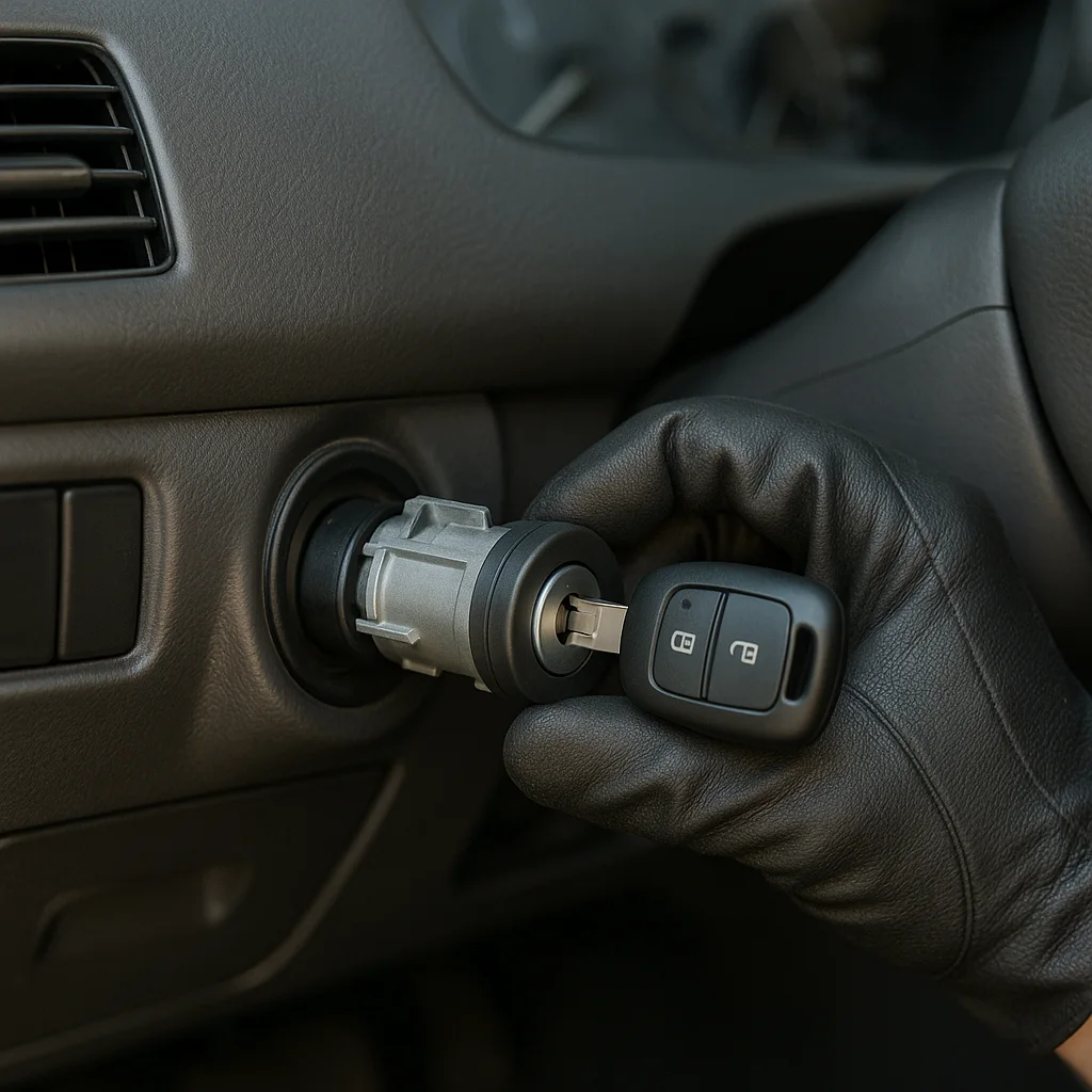 Gloved hand holding a car key, representing ignition replacement solutions offered by our automotive locksmith service.