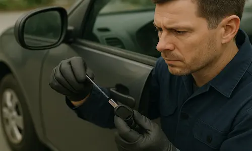 A man wearing black gloves displays a car key, highlighting Broken Key Extraction for automotive locksmith solutions.