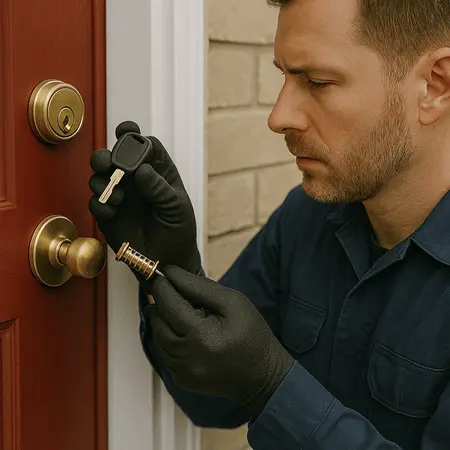 A man in gloves is adjusting a door lock for rekeying under residential locksmith services.