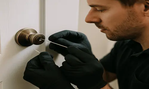 A man in black gloves repairs a door knob, providing residential locksmith services for broken key extraction and rekeyi