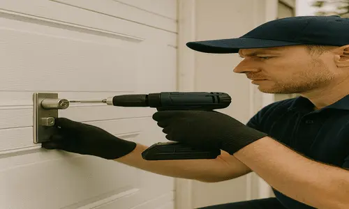 A man wearing a blue shirt and black gloves uses a drill to install a garage door lock during residential locksmith services.