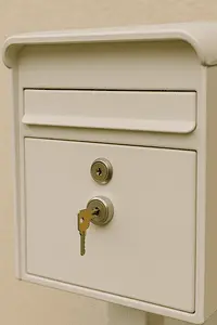 A white mailbox with a key on top, representing residential locksmith services for mailbox locks.