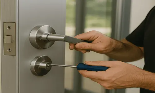 A man repairs a door handle as part of commercial locksmith services for lock replacement.