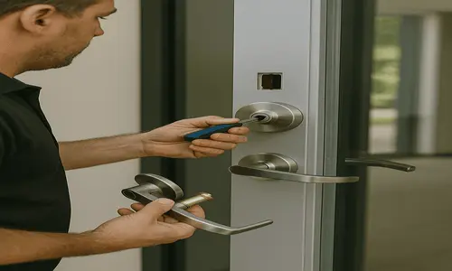 A man uses a screwdriver to fix a door handle, illustrating commercial lock replacement services by a locksmith.
