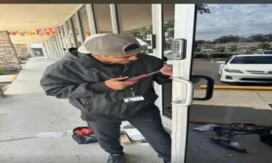 A locksmith fixing a door lock, highlighting our expertise in commercial locksmith solutions.