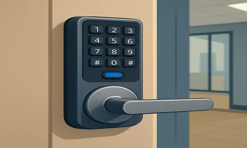 Keyless entry system featuring a digital keypad on a door handle, designed for commercial locksmith services.