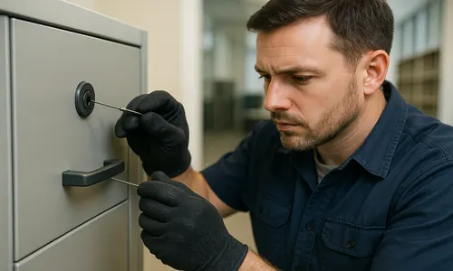 . A man wearing a blue shirt and black gloves is fixing a cabinet lock, illustrating commercial locksmith services.