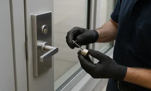 A man in black gloves repairs a door lock, showcasing commercial locksmith services for rekeying.