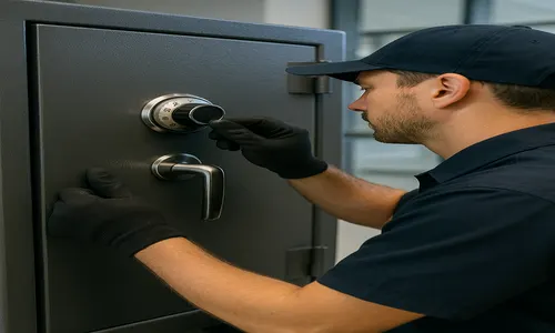 A man in a black shirt and hat is unlocking a safe, showcasing services related to commercial safe installation by locksmiths.