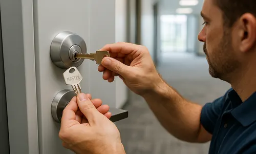 man using a key to open a door, representing commercial locksmith services for Master Key System installation.