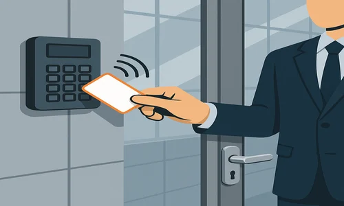 A man in a suit holds a card reader, representing access control system installation for commercial locksmith services