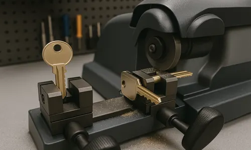 A key cutting machine with two keys, used for key duplication under commercial locksmith services.