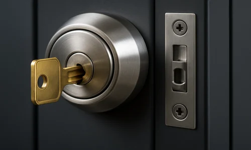 Detailed view of a metal door with a key, illustrating high-security lock options for commercial locksmith services.