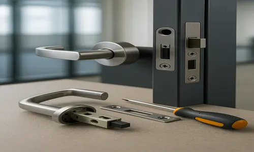 A collection of locksmith tools arranged on a table, used for window and door lock services.