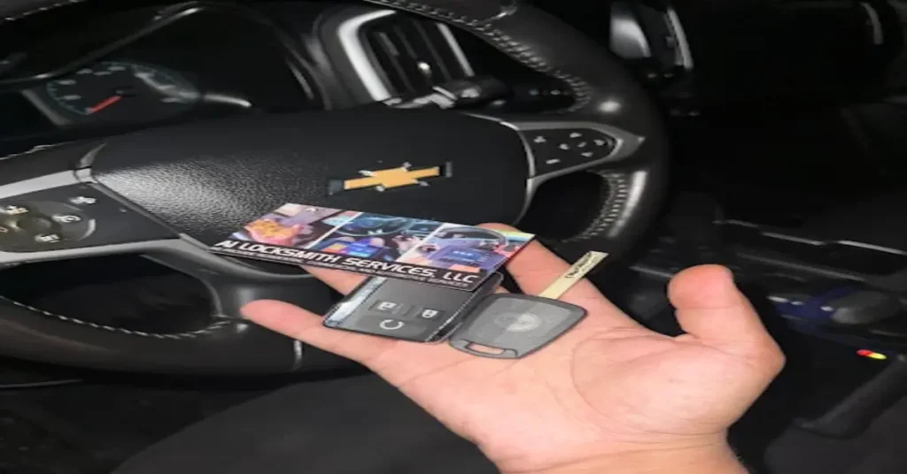 Hand holding car keys and a locksmith's business card near the steering wheel of a Chevrolet. Tips to avoid automotive locksmith scams and ensure reliable, professional service