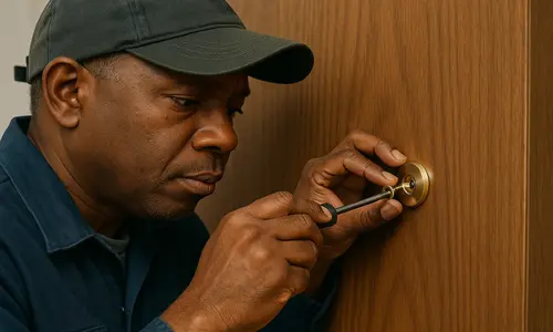 A locksmith wearing a dark cap and navy work shirt installs a brass peephole into a wooden door using a screwdriver, focused closely on the task.