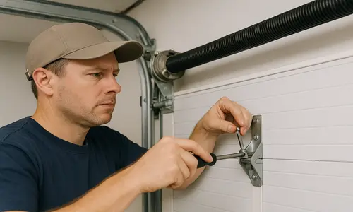 A garage door technician wearing a beige cap and navy shirt uses a screwdriver to install or adjust a bracket on a white sectional garage door, focused intently on his work.