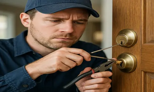 A Caucasian male locksmith in a navy cap and shirt is centered in the frame, carefully extracting a broken key from a brass deadbolt on a wooden door using pliers and a key extractor.