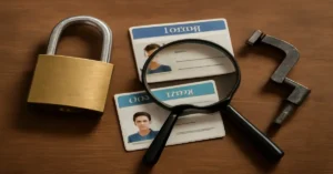 A brass padlock, magnifying glass, identification cards, and a locksmith tool arranged on a wooden surface, focusing on the details of each item.