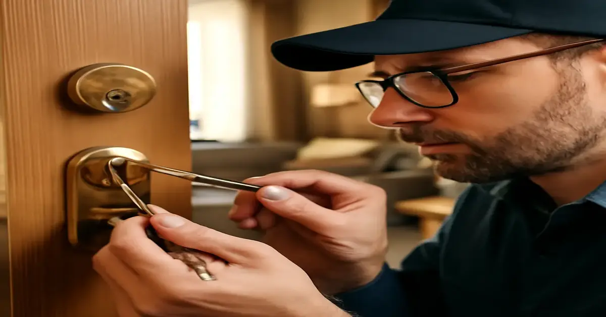 Professional locksmith focusing on a brass door lock using specialized tools, demonstrating the key qualities of a reliable residential locksmith in a cozy living room setting