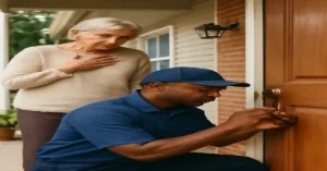 An elderly woman looks concerned as a professional locksmith kneels down to work on her front door lock. The locksmith, wearing a navy blue shirt and cap, carefully uses tools to unlock the door, with a cozy suburban porch and natural greenery in the background. This scene emphasizes trust and expertise, showcasing a situation when to call a residential locksmith