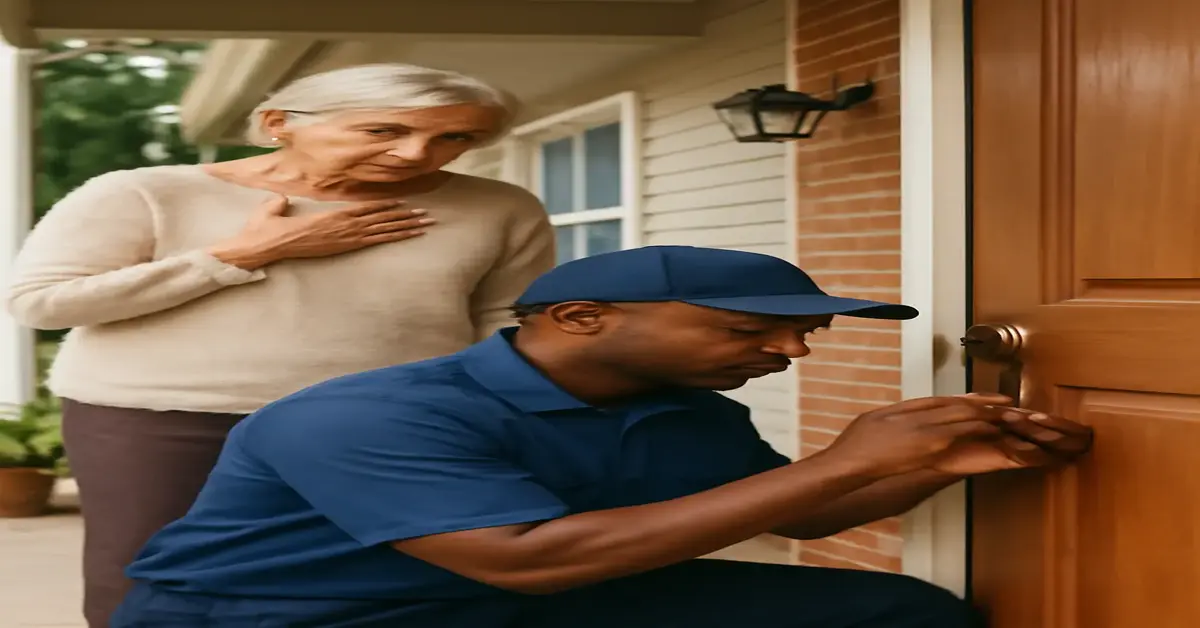 An elderly woman looks concerned as a professional locksmith kneels down to work on her front door lock. The locksmith, wearing a navy blue shirt and cap, carefully uses tools to unlock the door, with a cozy suburban porch and natural greenery in the background. This scene emphasizes trust and expertise, showcasing a situation when to call a residential locksmith