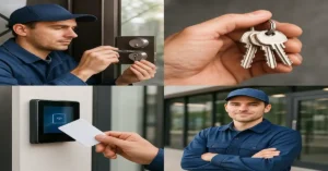 Collage showing a commercial locksmith at work: top left image of a locksmith installing a deadbolt, top right close-up of a hand holding keys, bottom left hand using a keycard on an access control system, bottom right smiling locksmith standing outside a modern commercial building.