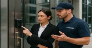 Professional businesswoman and commercial locksmith reviewing a digital keypad access system at a modern office entrance, symbolizing strategies to prevent commercial lockouts.