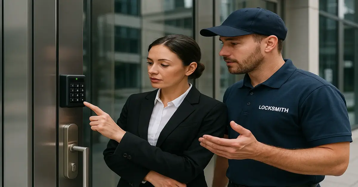 Professional businesswoman and commercial locksmith reviewing a digital keypad access system at a modern office entrance, symbolizing strategies to prevent commercial lockouts.