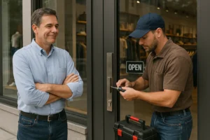 Middle-aged store owner stands outside his retail shop watching a commercial locksmith install a high-security lock on the glass door, highlighting why your business needs a commercial locksmith for protection and peace of mind.