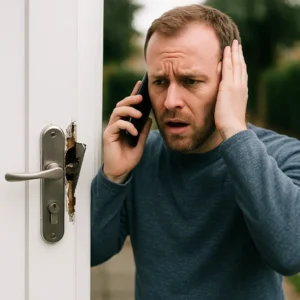Frustrated man calling for help next to a damaged door lock, showing the result of hiring the wrong locksmith.