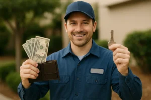 Locksmith in uniform holding cash and a key, standing outside with a friendly smile to represent budget-friendly service.