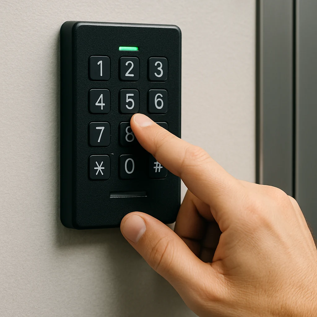Hand pressing a button on a black access control keypad with a green light