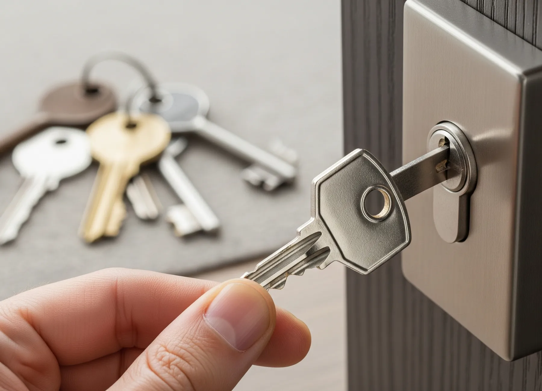 The Advantage Of Rekeying Your Locks is shown as a hand holds one new key to a door, making a pile of old, miscellaneous keys in the background obsolete.