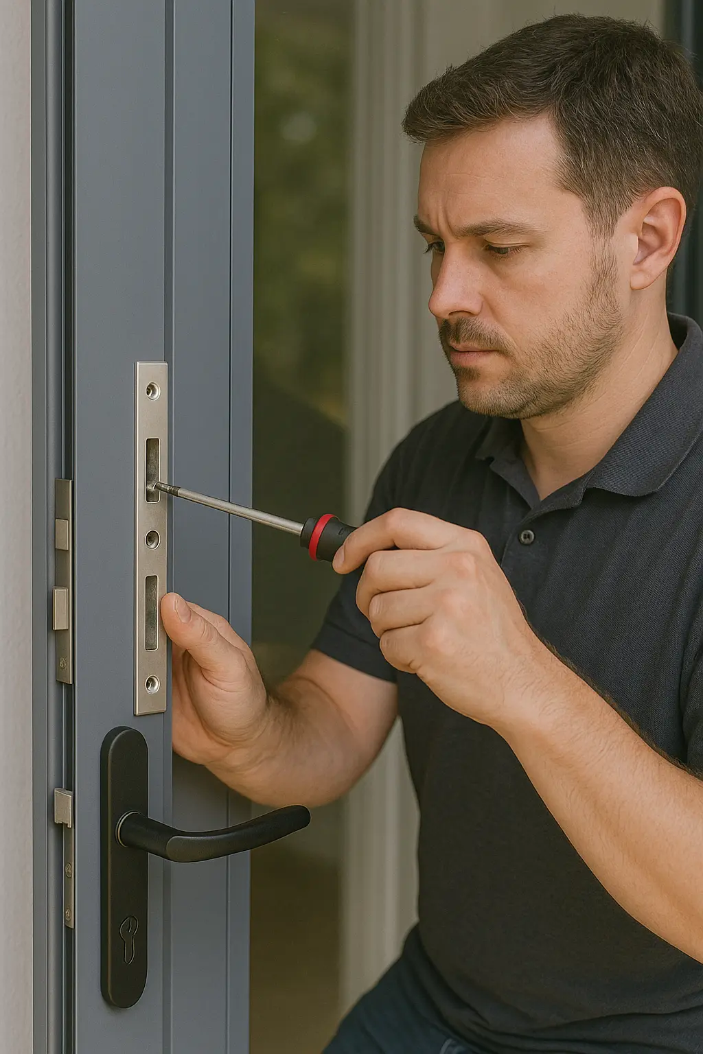 Technician replacing an aluminum door lock, holding a silver mortise lock plate with one hand and using a red-and-black Phillips screwdriver with the other, in front of a blue-gray door with a black handle.