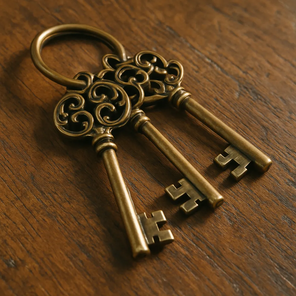 Close-up of a set of three antique brass keys with ornate filigree designs on a brass keyring, placed on an aged wooden table, with warm natural lighting highlighting sharp details and textures.