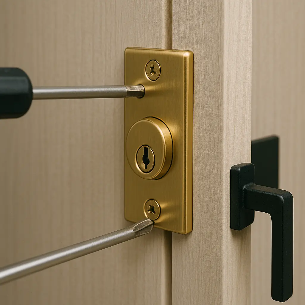 Close-up of a brass lock being installed on a light beige bi-fold door, with two screwdrivers tightening the top and bottom screws, and a matte black handle visible on the right side