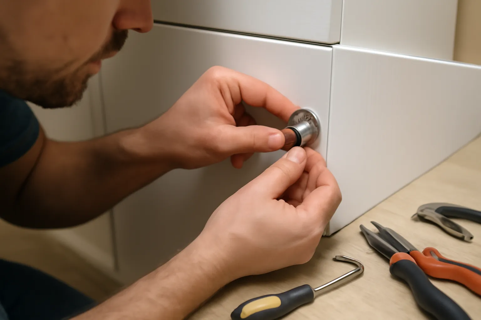 Realistic close-up of a locksmith installing a cylindrical cam lock on a white wooden cabinet door, with detailed tools like a flathead screwdriver, hex key, and needle-nose pliers neatly arranged on the light wood surface. The locksmith's hands, with slight calluses, are visible as they carefully work, with soft natural lighting illuminating the task