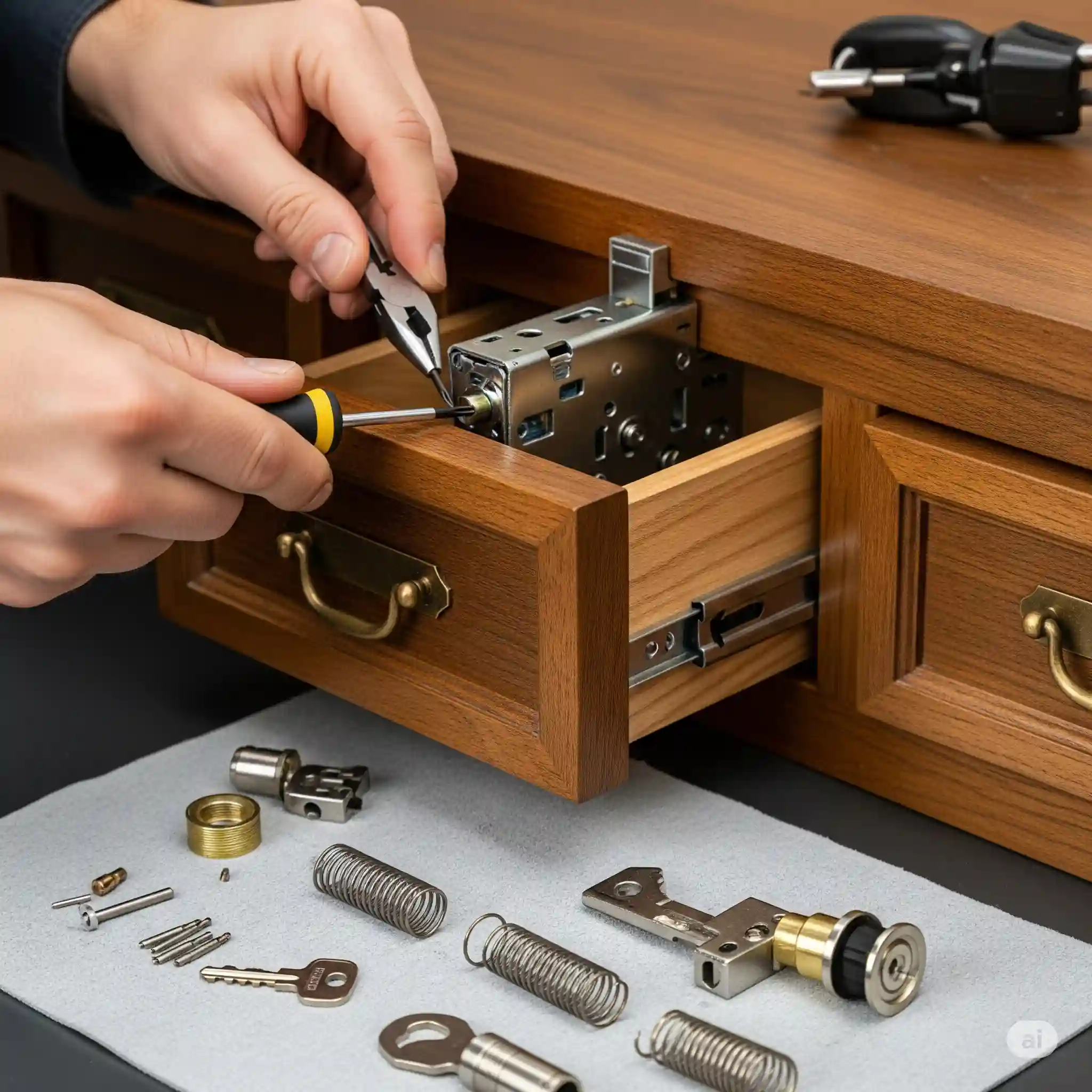 Worker repairing a cabinet drawer lock with a screwdriver, surrounded by lock components and tools