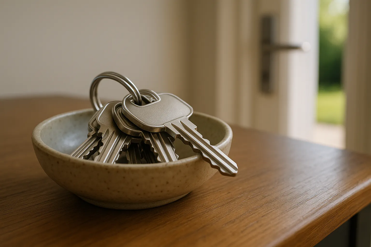 Close-up of several silver house keys on a keyring, resting inside a small ceramic bowl on a wooden hallway table near a front door, illuminated by natural daylight.