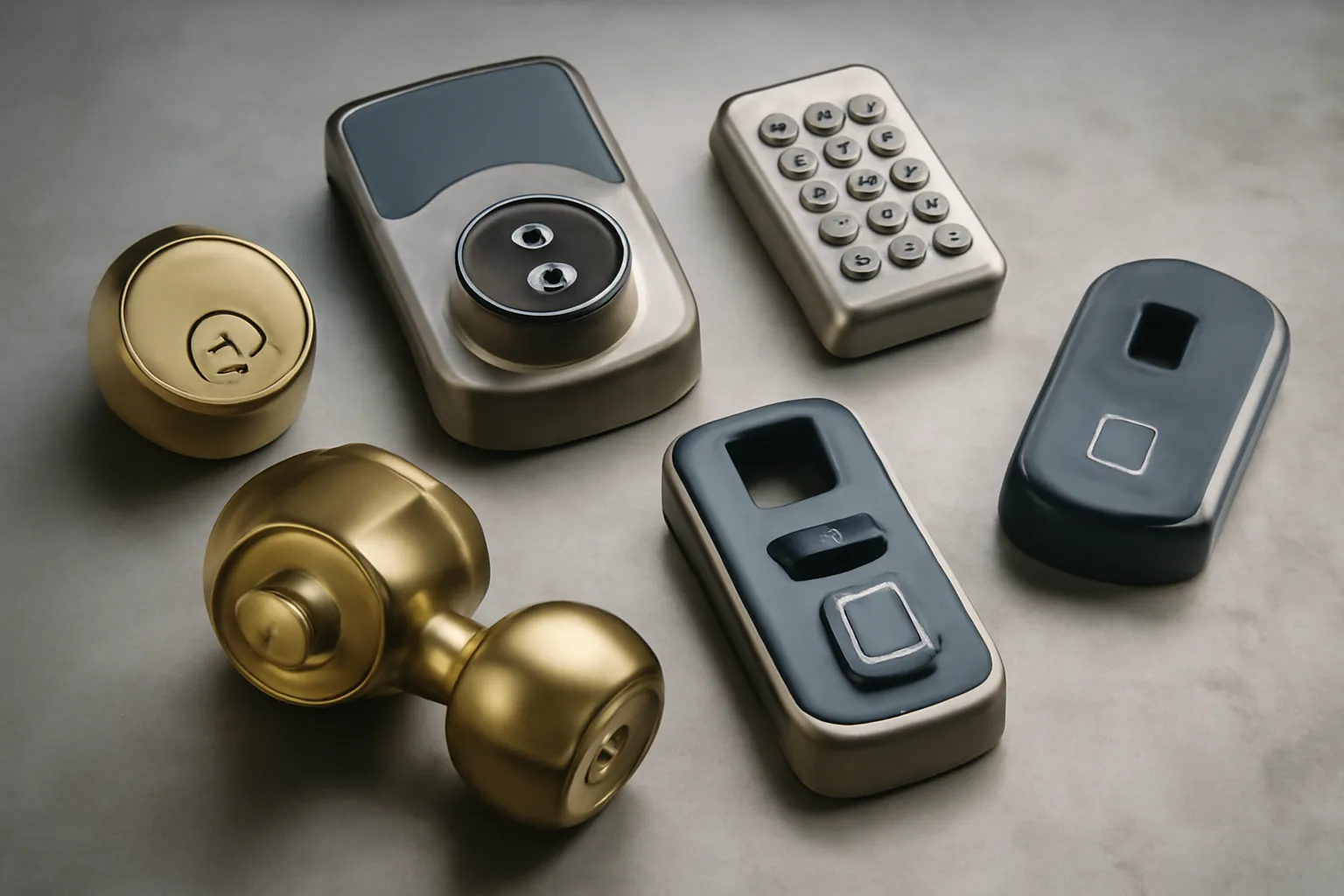 ive different lock mechanisms displayed on a metal workbench, including a cylindrical deadbolt, electronic lock, mechanical lock, magnetic lock, and biometric lock, captured in soft natural light with sharp details.