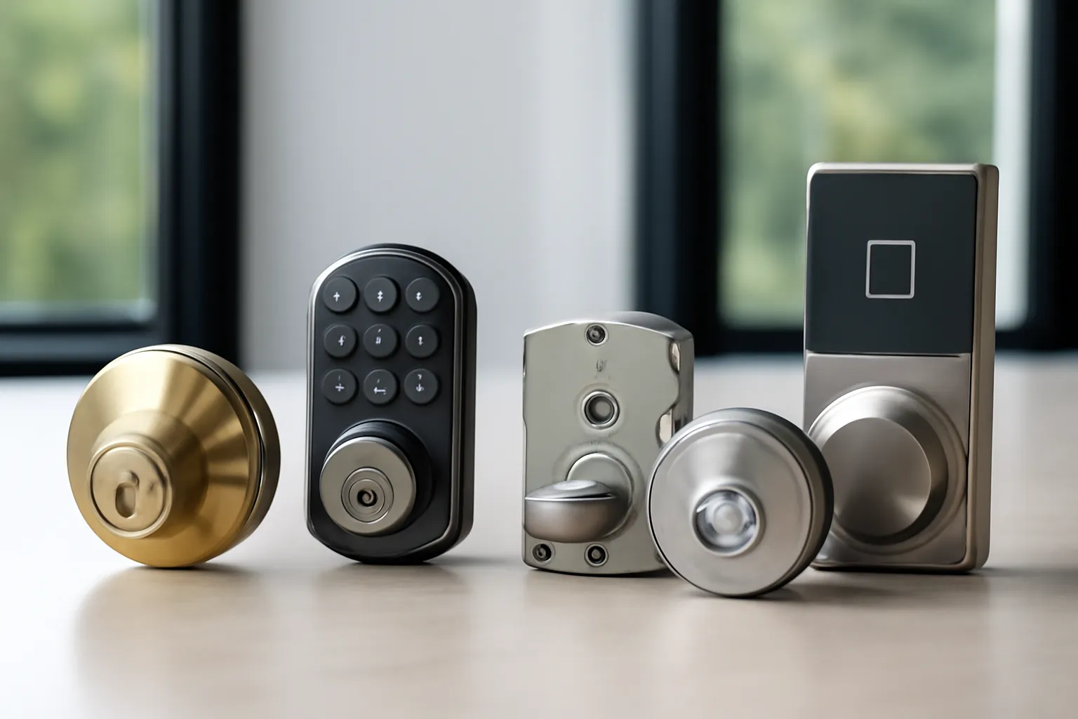five different lock mechanisms displayed on a light-colored surface, including a brass deadbolt, electronic keypad lock, mechanical lock, magnetic lock, and biometric fingerprint lock, with soft natural light highlighting their details.