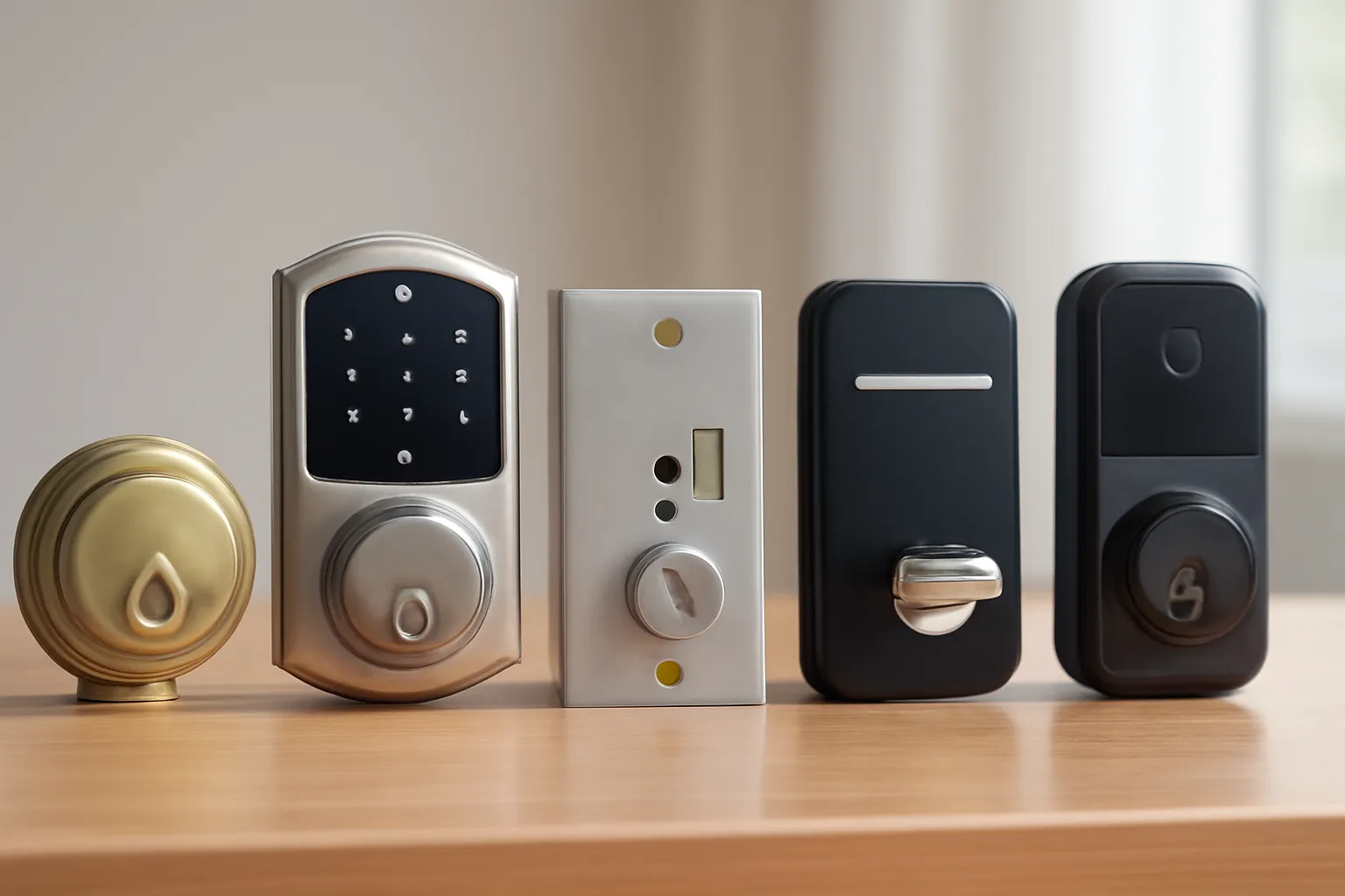 five different door lock mechanisms arranged side by side on a wooden surface, including a brass deadbolt, electronic keypad lock, mechanical lock, magnetic lock, and biometric lock, all captured in soft natural light with sharp details