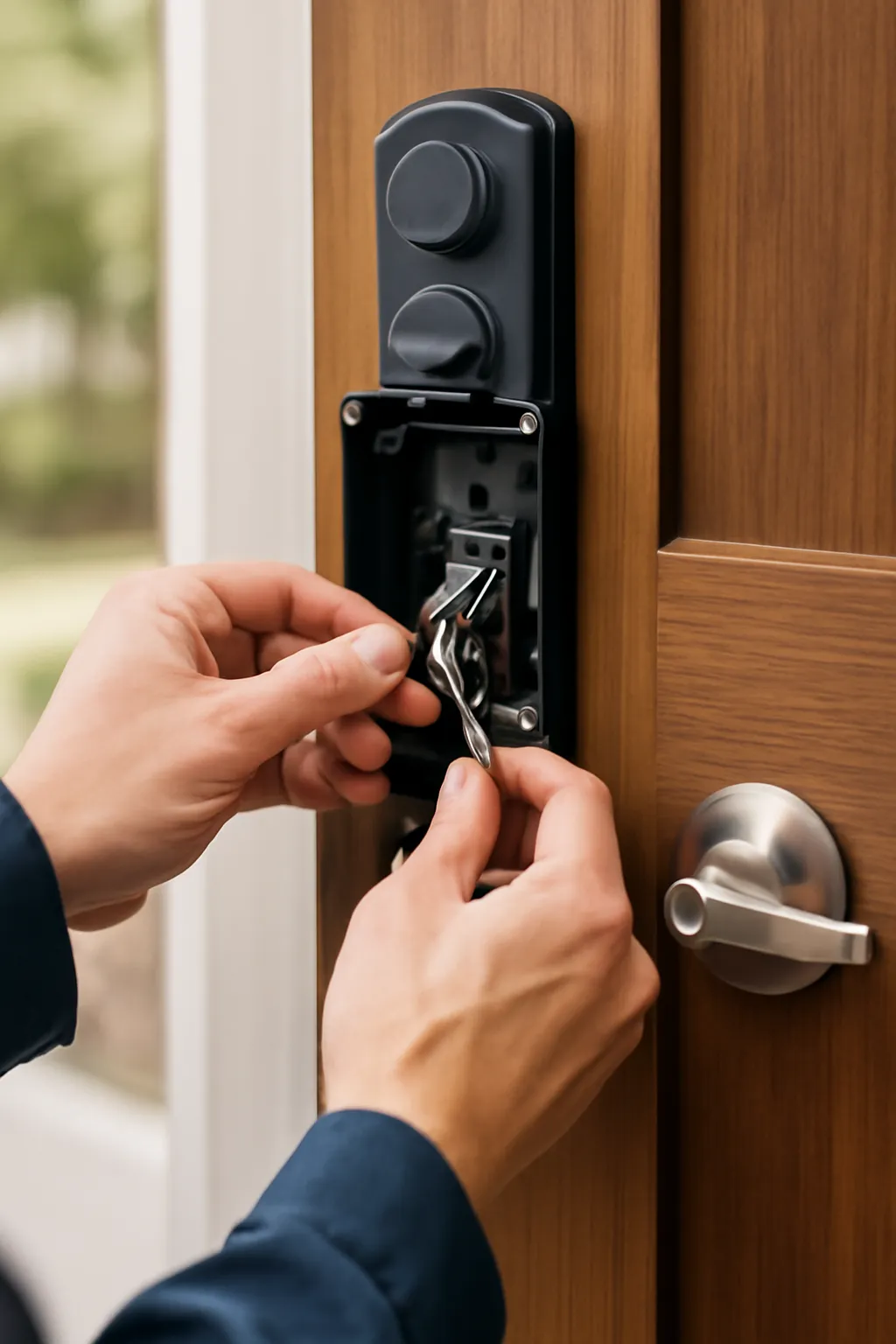 Close-up of a locksmith installing a smart electronic lock on a wooden front door, adjusting the internal components and connecting wires, with soft natural light highlighting the details.