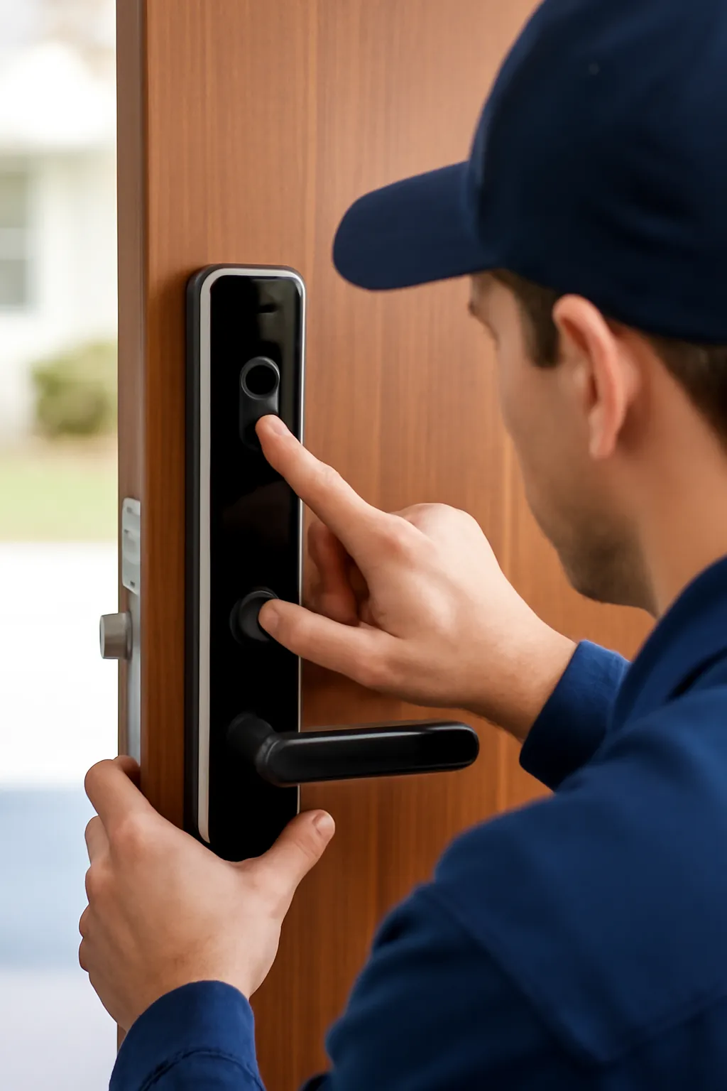 Close-up of a locksmith installing a biometric lock on a residential door, adjusting the fingerprint scanner with his hands under natural daylight, with a blurred exterior background.