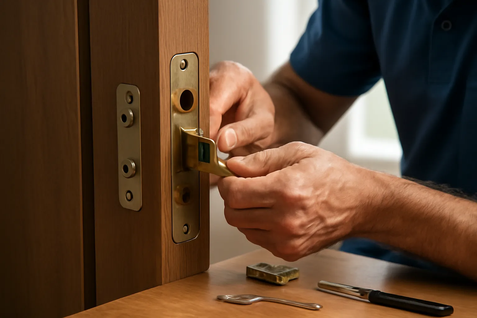 Close-up of a locksmith installing a brass mortise lock on a wooden door, focusing on the lock mechanism with a screwdriver, with tools arranged on a wooden surface and soft natural light illuminating the scene.