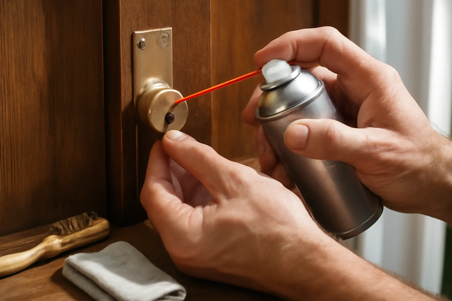 Realistic close-up of a locksmith applying lubricant to a brass door lock on a wooden door, with maintenance tools like a brush and cloth nearby, in soft natural daylight.