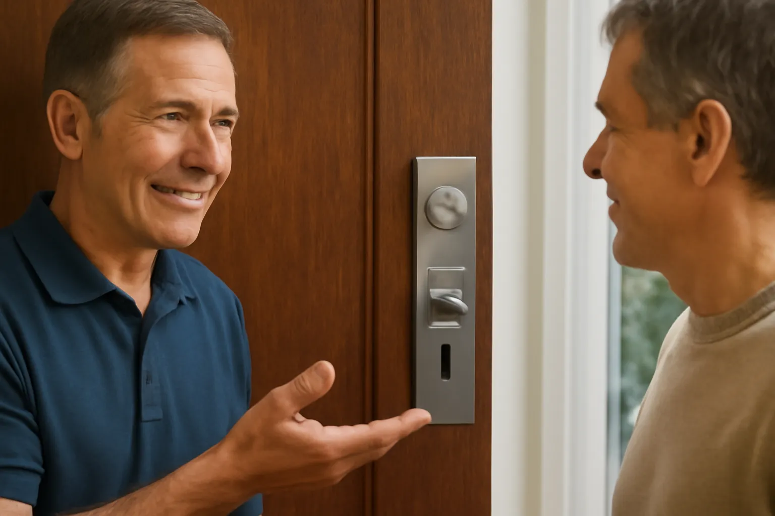 Realistic scene of a locksmith presenting a newly installed high-security lock to a satisfied homeowner in front of a wooden door, both smiling, with warm natural lighting illuminating the scene.