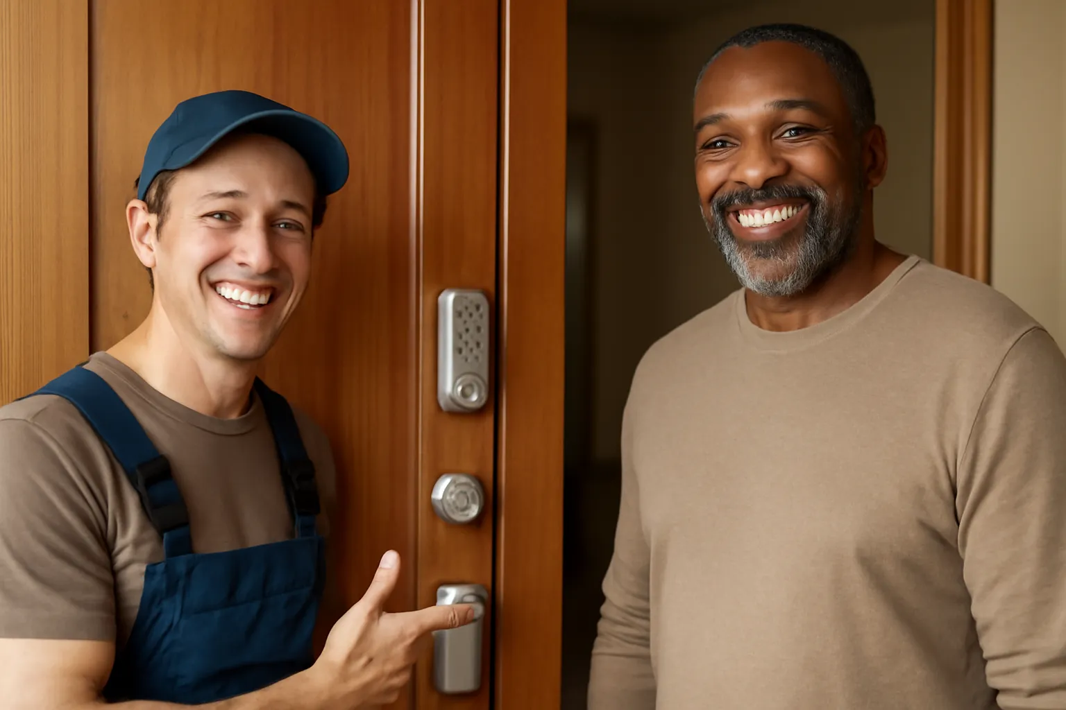 Realistic scene of a locksmith presenting a newly installed high-security lock to a satisfied homeowner in front of a wooden door, both smiling, with warm natural lighting illuminating the scene