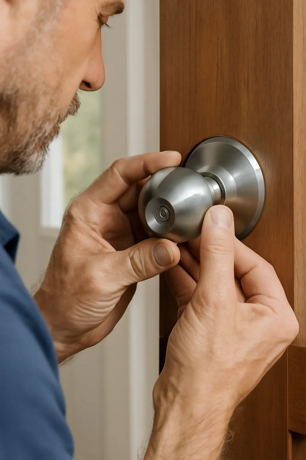 Close-up of a locksmith installing a stainless steel entry knob lock on a wooden door. His hands are shown carefully positioning the knob, with natural daylight highlighting the details of the lock and the warm wood background